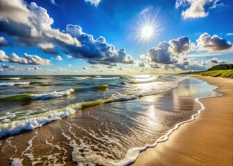 Sunny day at Baltic Sea with waves and beach