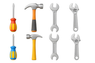 Realistic hand tools set with screwdrivers, hammers, and wrenches for workshop projects