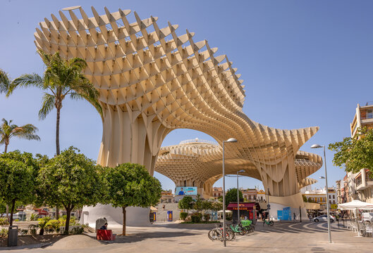 Seville, Spain; June 05 2025: View of Las Setas in the Plaza de la Encarnaci&oacute;n, a monumental structure in the center of Seville, one of the largest wooden structures in the world.