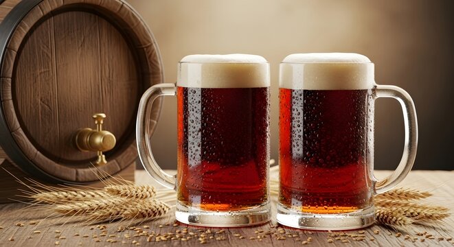 Two mugs of fresh dark stout beer on background of wooden barrels with wheat. Banner template for advertising a brewery, beer festivals and International Beer Day with space for text