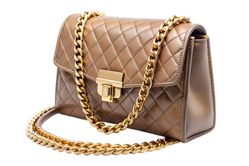 A sophisticated bronze leather handbag with a quilted diamond pattern and a prominent gold chain strap and clasp is displayed against a transparent background