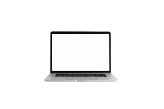 Modern silver laptop with blank white screen isolated on transparent background