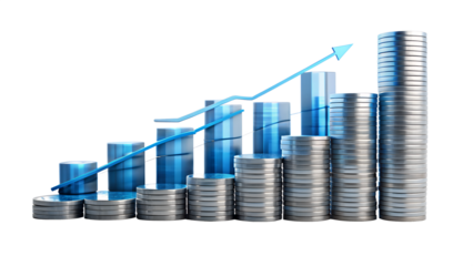 A financial growth chart displays increasing bars and stacks of coins with a blue arrow pointing upwards symbolizing economic progress and success isolated on transparent