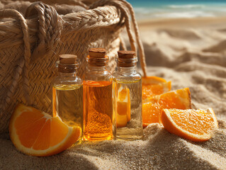 Bottles of orange oil beside fresh oranges on sandy beach.