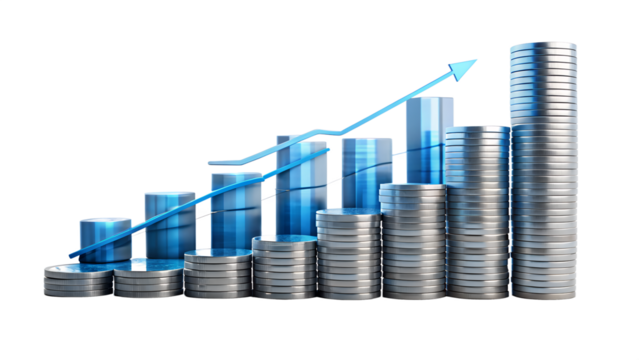 A financial growth chart displays increasing bars and stacks of coins with a blue arrow pointing upwards symbolizing economic progress and success isolated on transparent