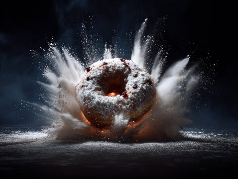 A donut exploding with sugar and color, creating an artistic splatter.