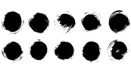 Collection of grunge black circles with distressed textures, perfect for overlays, frames, or abstract background elements