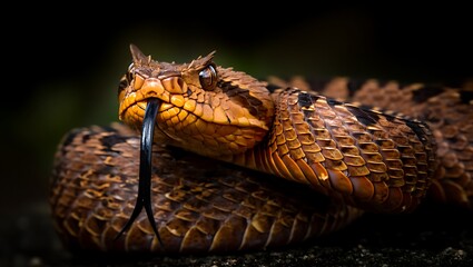 Orange horned viper with forked tongue flicking snake reptile