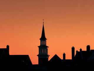 Silhouette of a church steeple against a vibrant sunset sky.