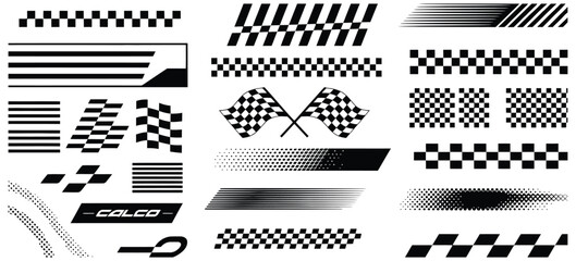 Racing car stripes set with checkered flag, finish line, dynamic lines, and motocross labels for motorsport and automotive competition designs