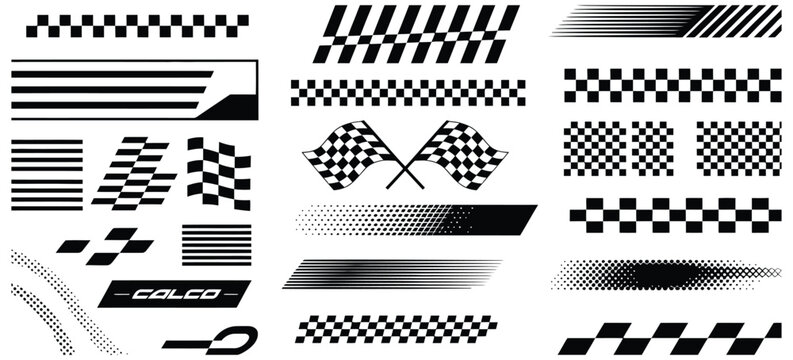Racing car stripes set with checkered flag, finish line, dynamic lines, and motocross labels for motorsport and automotive competition designs - Powered by Adobe
