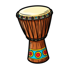 Drum djembe cartoon, colored cartoon with line art and white background. AI generated image.