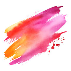 Vibrant watercolor brushstroke in a warm gradient of pink, orange, and yellow, with playful splatters for an artistic touch