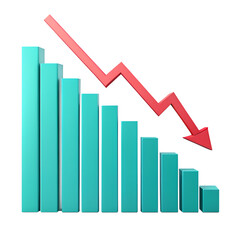 A financial decline chart shows decreasing bars and stacks of coins with a red arrow pointing downwards indicating economic recession and business failure isolated on
