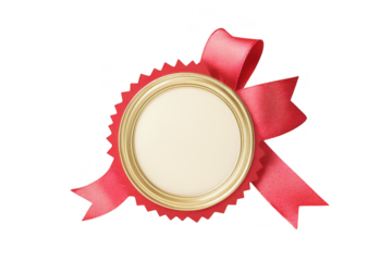 Blank award medallion with red ribbon isolated on transparent background