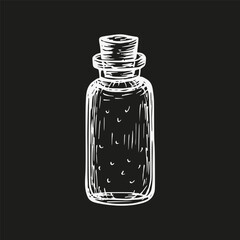 Glass bottle with lid for liquid essential oils sketch illustration in engraving style. Bottle jar hand-drawn outline illustration. Vector line art clipart, isolated
