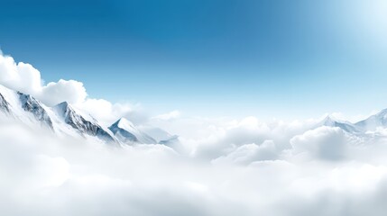 Minimal natural landscape featuring high plateau with snow-dusted peaks fading into clouds, wide open space with soft natural light, blurred background elements like distant mountains or ocean