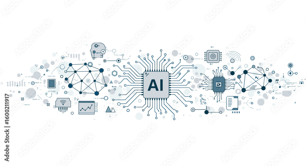Wall mural abstract ai technology infographic featuring neural networks and circu