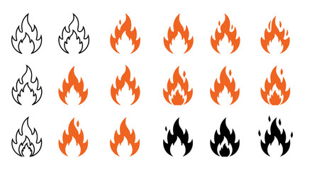 Assorted flame icons in silhouette and outline styles
