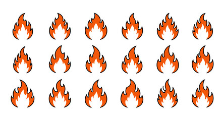 Collection of flat fire flame icons in various styles and patterns