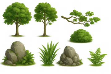 Lush greenery elements with trees, bushes, rocks, and foliage for game design