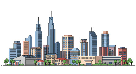 Fototapeta premium Urban skyline with modern skyscrapers and green spaces in flat design
