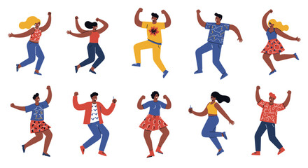 Diverse group of happy people jumping and dancing in playful poses