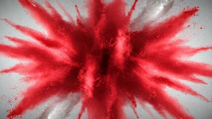 A vibrant red powder explosion creates an abstract splash of color, bursting with energy and dynamic motion against a grey background - Powered by Adobe