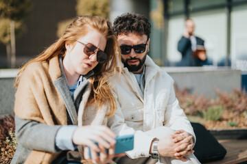 Two fashionable individuals sit together outdoors, engrossed in viewing content on a smart phone.