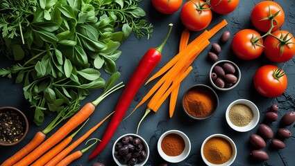 Fresh vegetables on a wooden surface with tomatoes peppers and onions