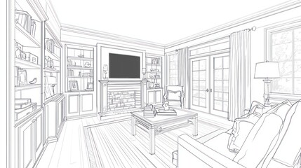 Line drawing of a living room interior design.