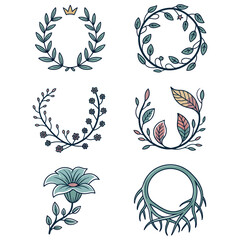 Obraz premium Vector floral design elements: a set of nature illustrations with leaves, flowers, and butterfly silhouettes, perfect for tribal tattoo art, decorative patterns, or logo symbols