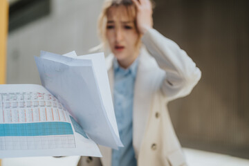A woman appears distressed while examining financial charts in an outdoor setting, showcasing the...