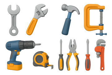 Realistic 3d tools set: hammer, drill, wrench, and pliers illustrations
