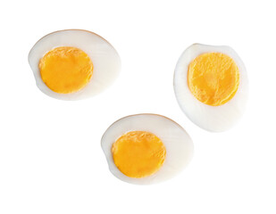 Top view set of cooked or boiled chicken eggs with egg yolk in three halves isolated with clipping path in png file format