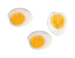 Top view set of cooked or boiled chicken eggs with egg yolk in three halves isolated with clipping path in png file format
