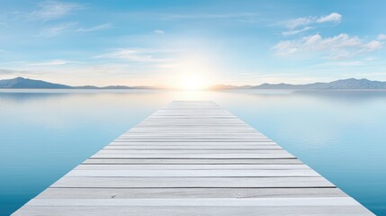 Obraz premium Minimal natural landscape featuring wooden pier extending into quiet bay with hazy sunset, wide open space with soft natural light, blurred background elements like distant mountains or ocean