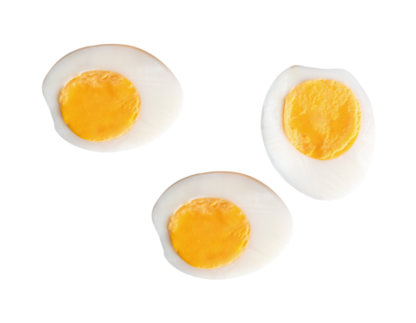 Top view set of cooked or boiled chicken eggs with egg yolk in three halves isolated with clipping path in png file format
