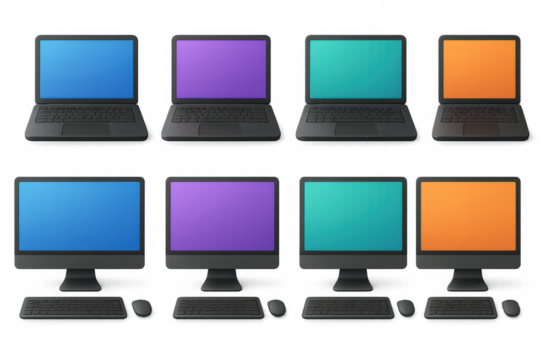 Diverse laptop and desktop screens with colorful displays