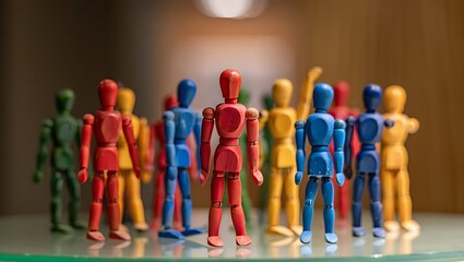 Red blue yellow green wooden figures standing together art mannequins colorful