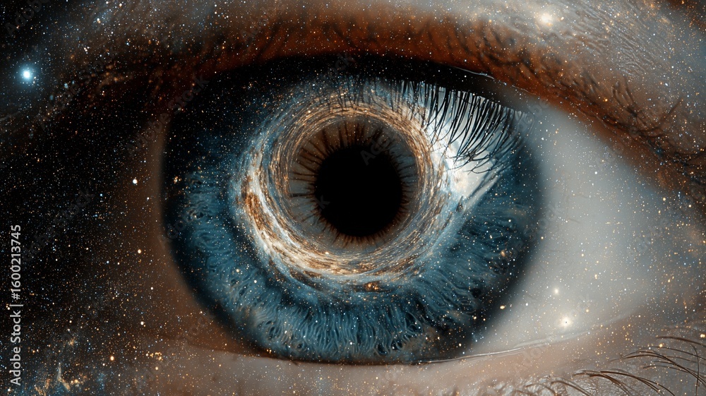Poster biometric eye with cosmic background highlighting advanced technology concepts in security and ident