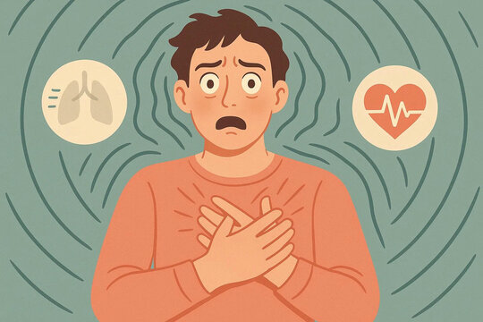 Anxiety Attack Illustration: Man with Chest Pain, Heart Palpitations, and Breathing Difficulty