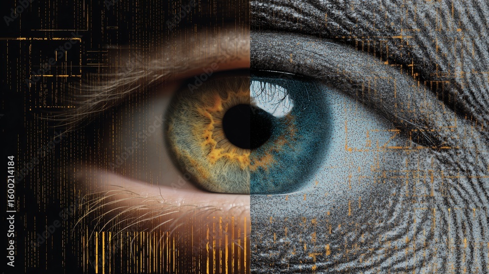 Poster exploring biometric technology through the integration of eye and fingerprint recognition systems