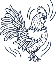 Obraz premium Rooster outline with elegant feathers farm animal, rural wildlife, organic agriculture, crowing bird illustration