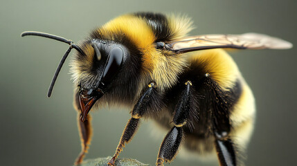 Detailed Macro Shot of a Fluffy Bumblebee on Green Background