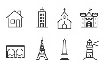 Minimalist outline icons of famous buildings and structures