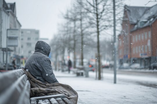 Homeless person wrapped in blanket sitting alone on bench during snowfall in cold winter city, highlighting urban poverty and social isolation

