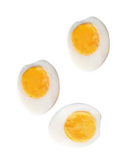 Top view set of cooked or boiled chicken eggs with egg yolk in three halves isolated with clipping...
