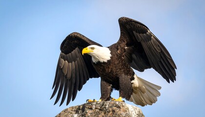 Obraz premium Majestic bald eagle poised on a rock, wings outstretched against a clear blue sky