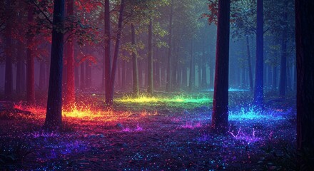 Enchanted forest floor illuminated by vibrant rainbow light and fantastical glowing flora